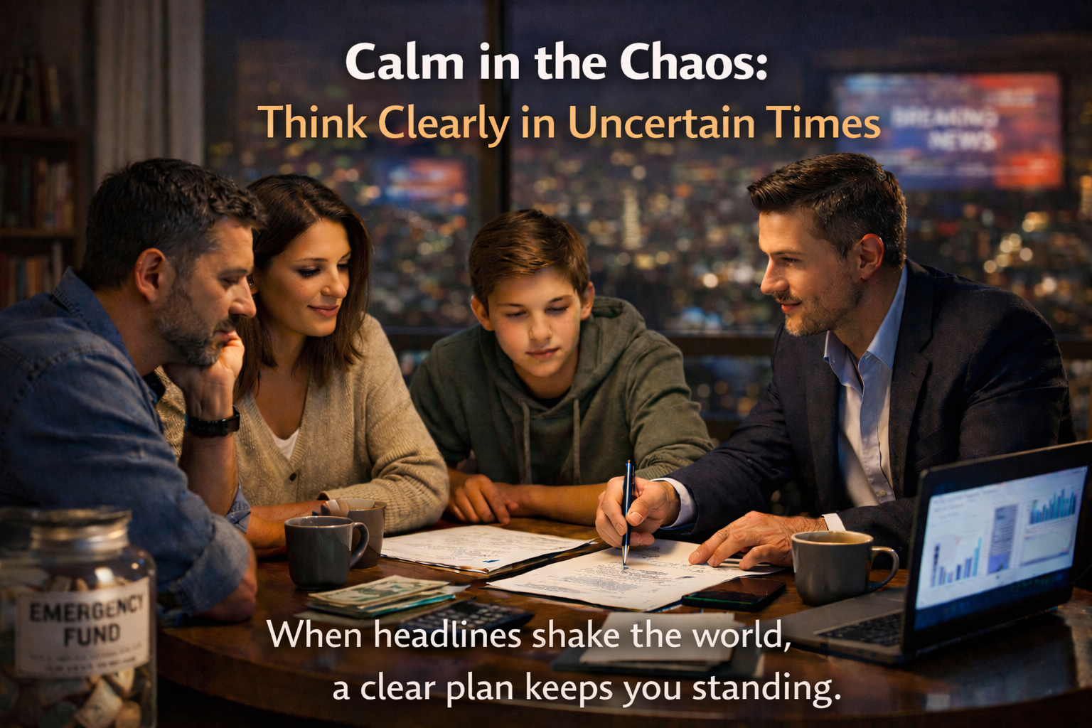Family and entrepreneur reviewing a financial plan calmly during economic uncertainty.