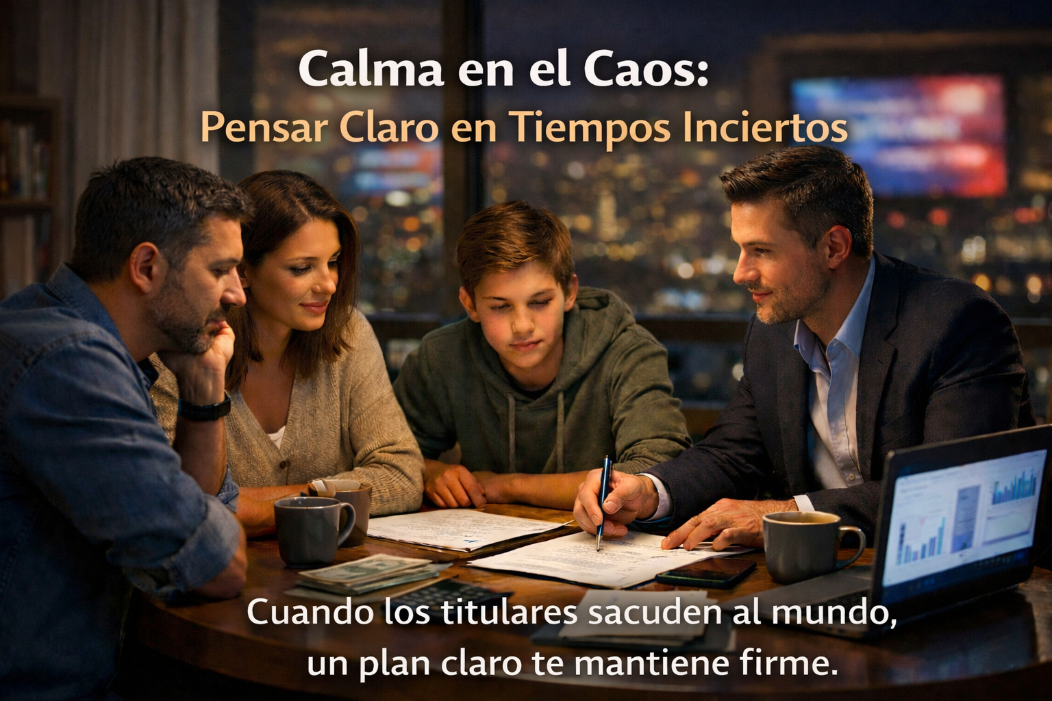 Familia y emprendedor revisando un plan financiero con calma durante incertidumbre económica.