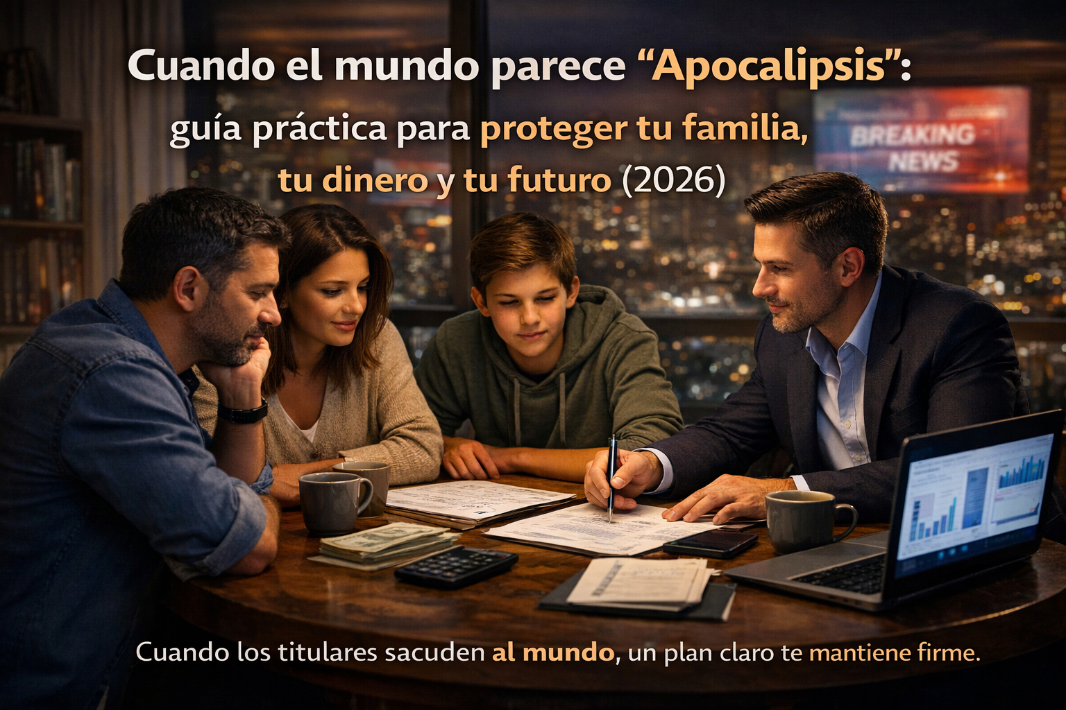 Una familia y un emprendedor enfocado revisando un presupuesto y un plan de emergencia durante un periodo de incertidumbre económica.