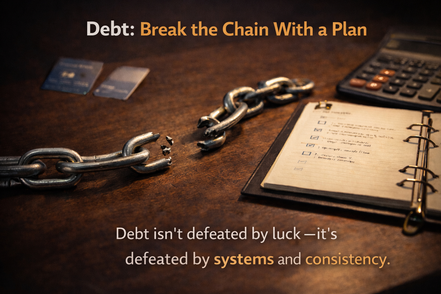 Broken chain beside a notebook and calculator symbolizing a strategy to escape debt.