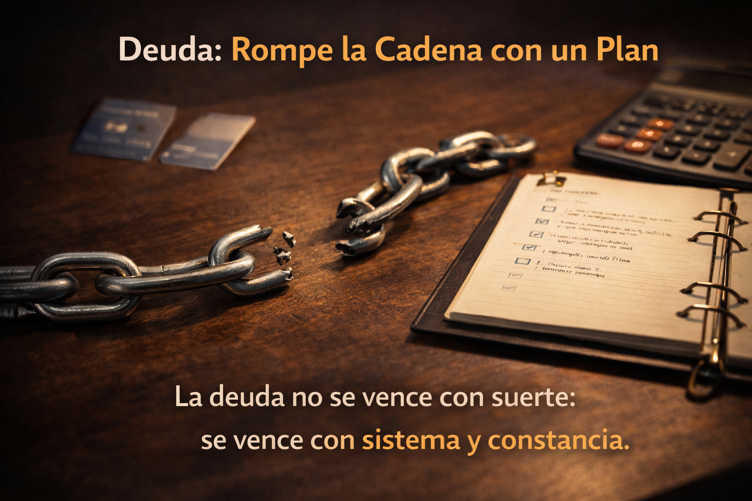 Cadena rota junto a libreta y calculadora simbolizando salir de deudas con estrategia.