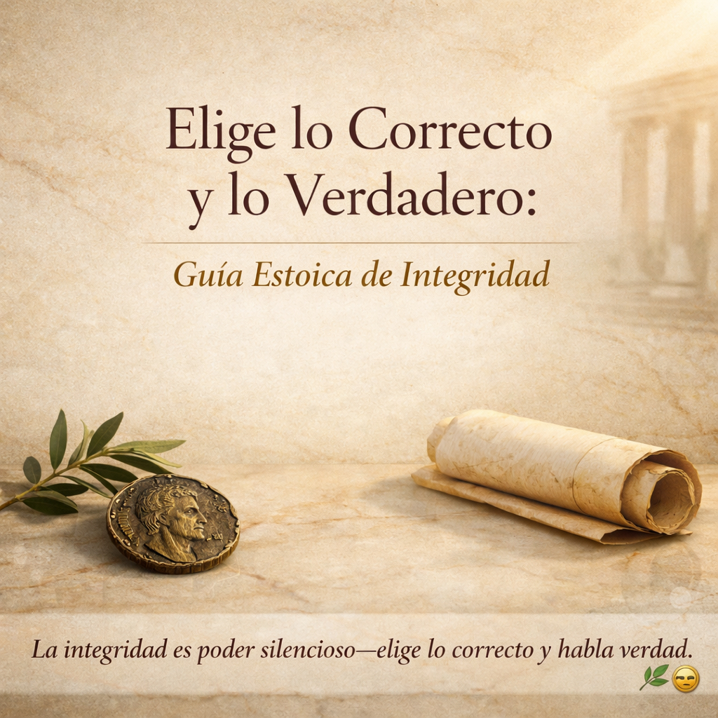 Imagen estoica minimalista cuadrada sobre mármol beige con moneda romana de bronce, rama de olivo y un pergamino parcialmente abierto, con la cita centrada “Si no es correcto, no lo hagas; si no es verdad, no lo digas.”