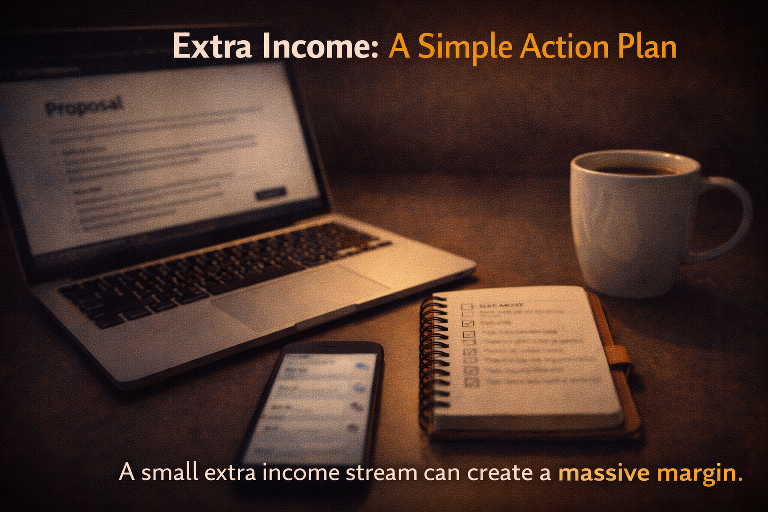 Minimal desk setup with a laptop and checklist symbolizing building a second income stream.