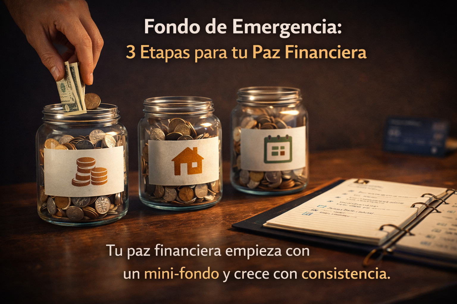 Tres frascos y una libreta simbolizando un fondo de emergencia en etapas para estabilidad financiera.