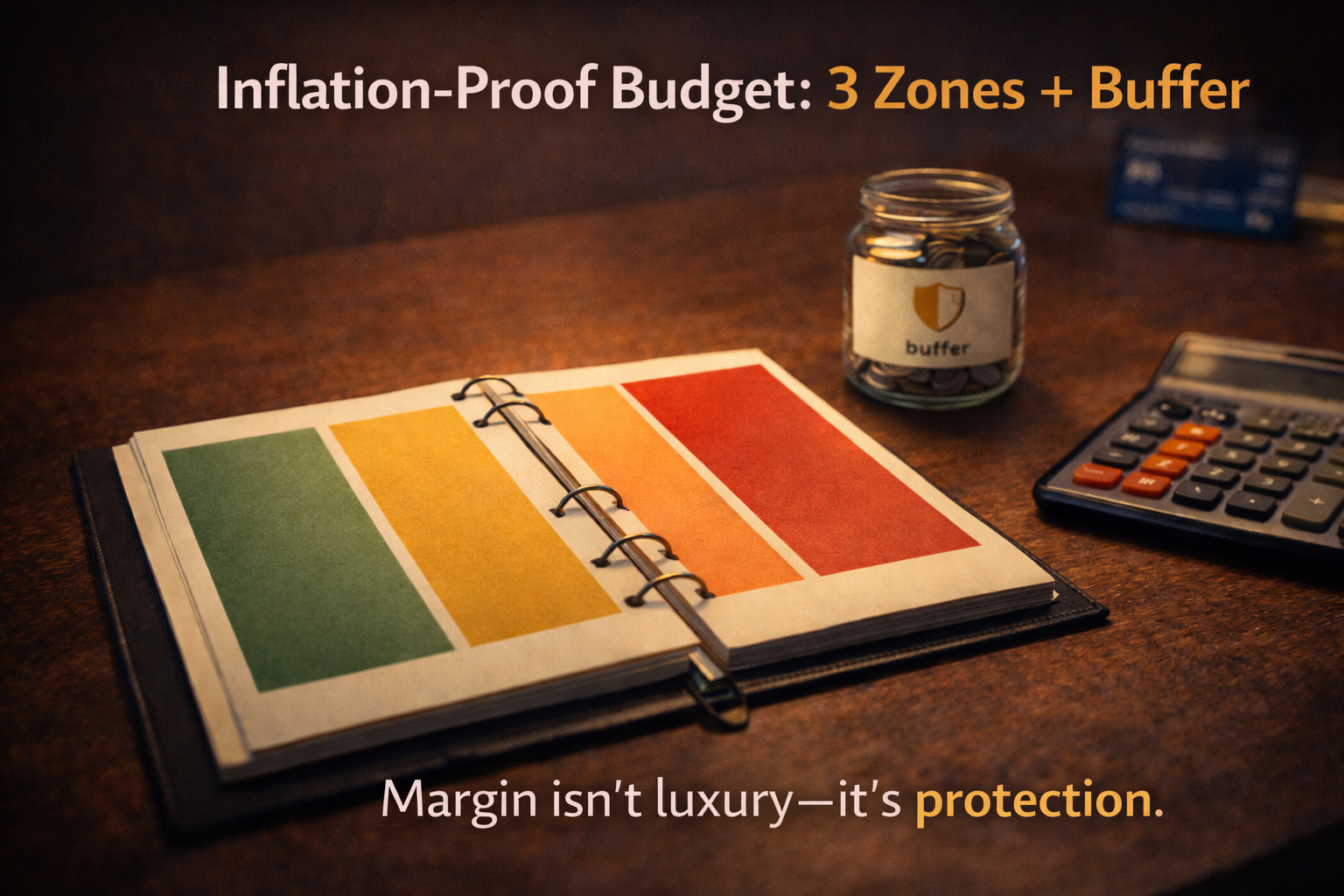 Notebook and budgeting tools showing three spending zones and a buffer to handle inflation.
