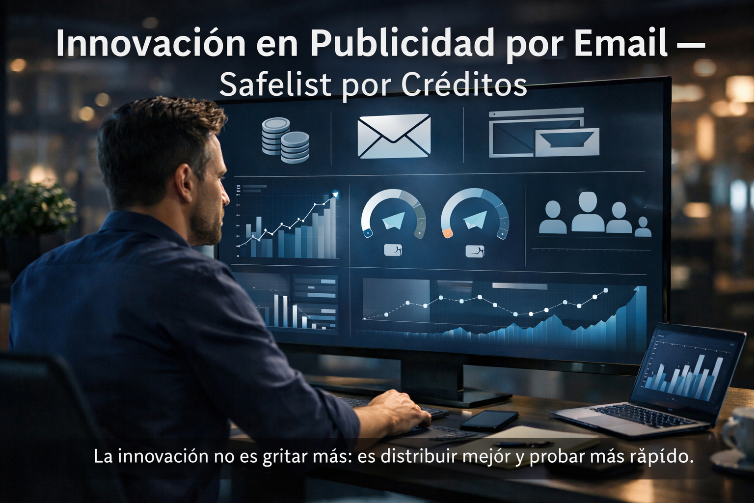 Emprendedor digital analizando métricas de campañas de email, representando innovación y marketing basado en atención