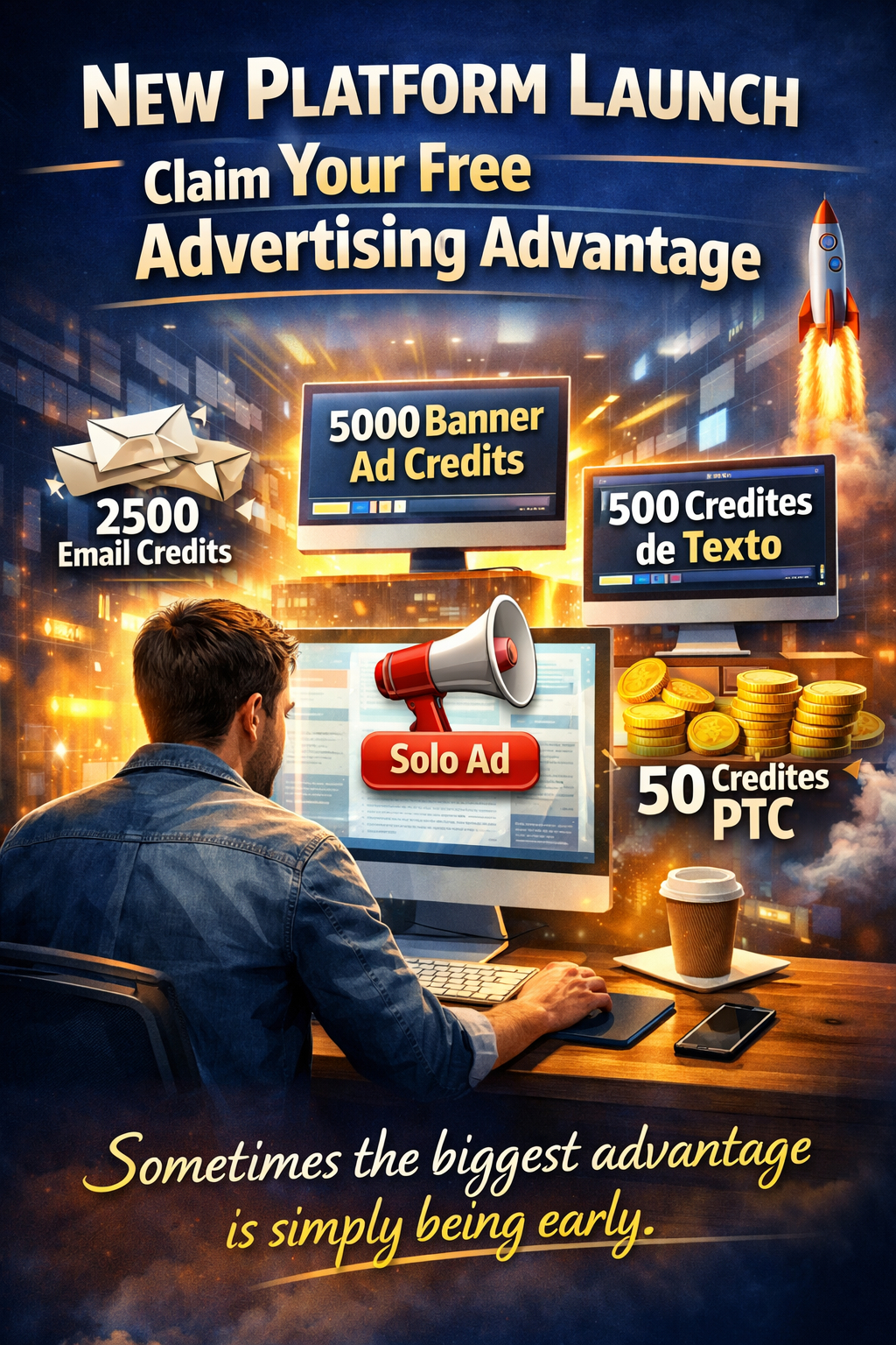 Digital marketer exploring a newly launched advertising platform with traffic tools, email credits, banner ads, and growth opportunities