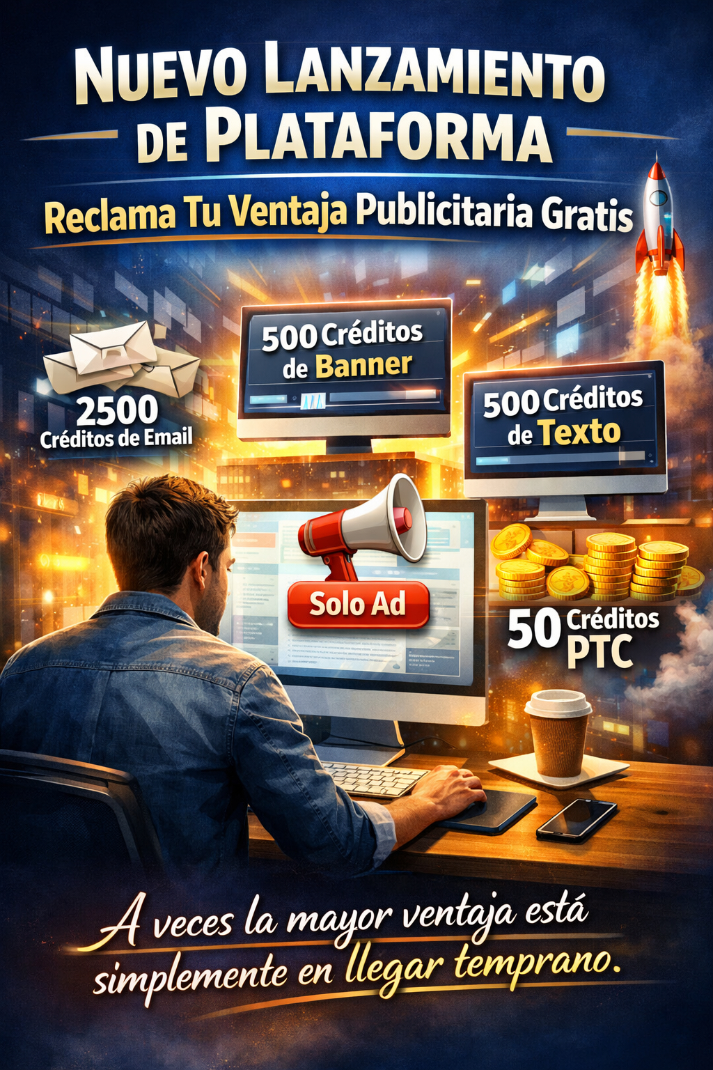 Especialista en marketing digital explorando una nueva plataforma publicitaria con herramientas de tráfico, créditos de email, banners y oportunidades de crecimiento