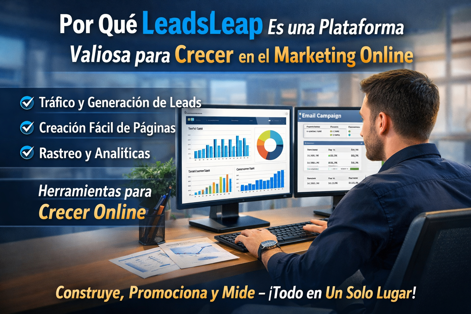 Marketer digital usando un panel de marketing online con herramientas de tráfico, generación de leads y crecimiento de negocio en pantalla