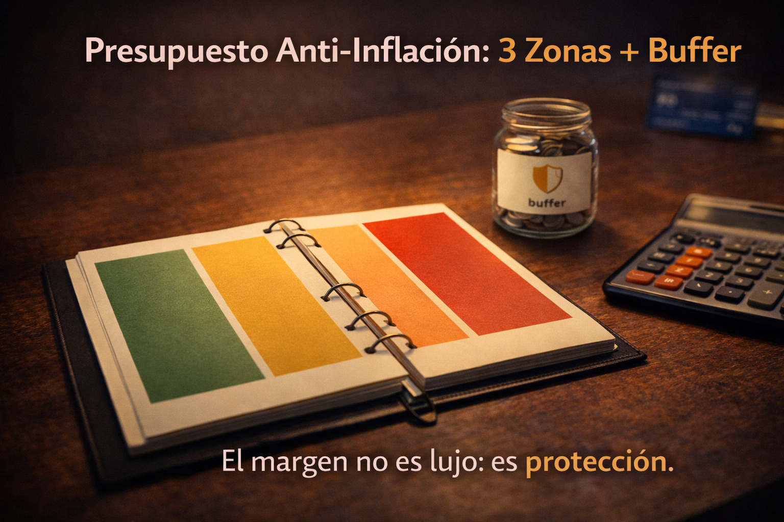 Libreta y herramientas de presupuesto mostrando tres zonas de gasto y un buffer para enfrentar inflación.