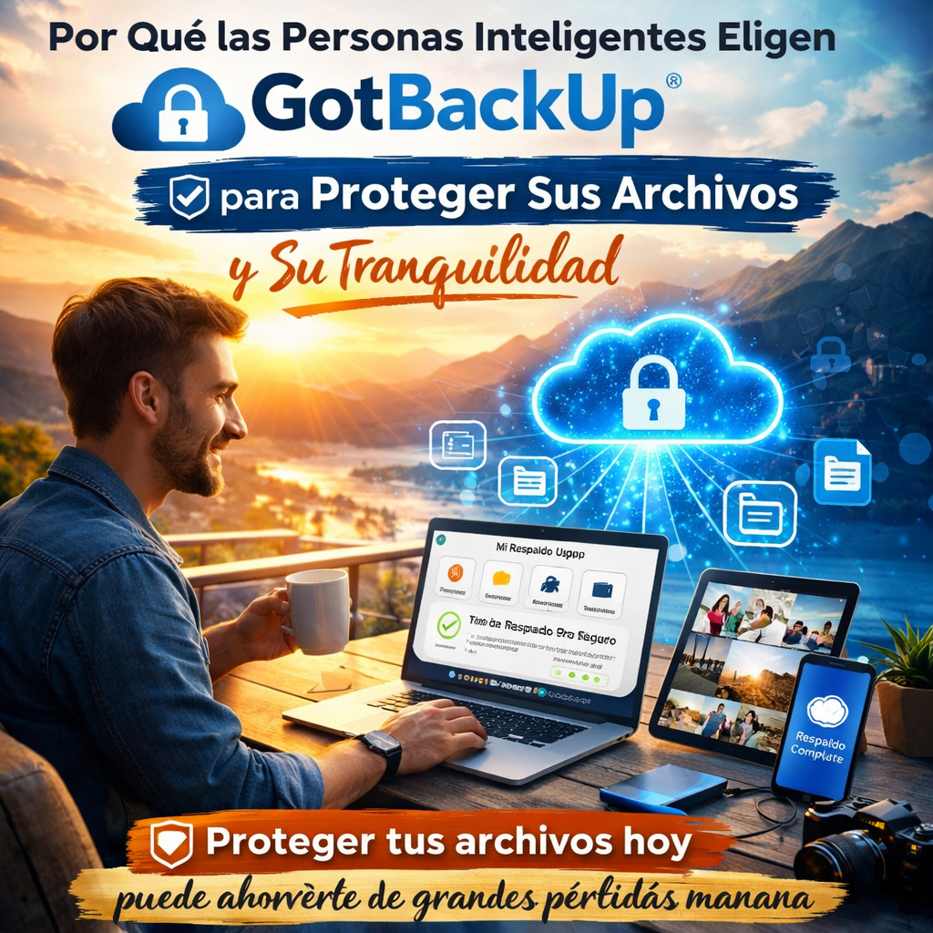 Emprendedor digital revisando archivos protegidos en la nube desde múltiples dispositivos con sensación de seguridad y tranquilidad