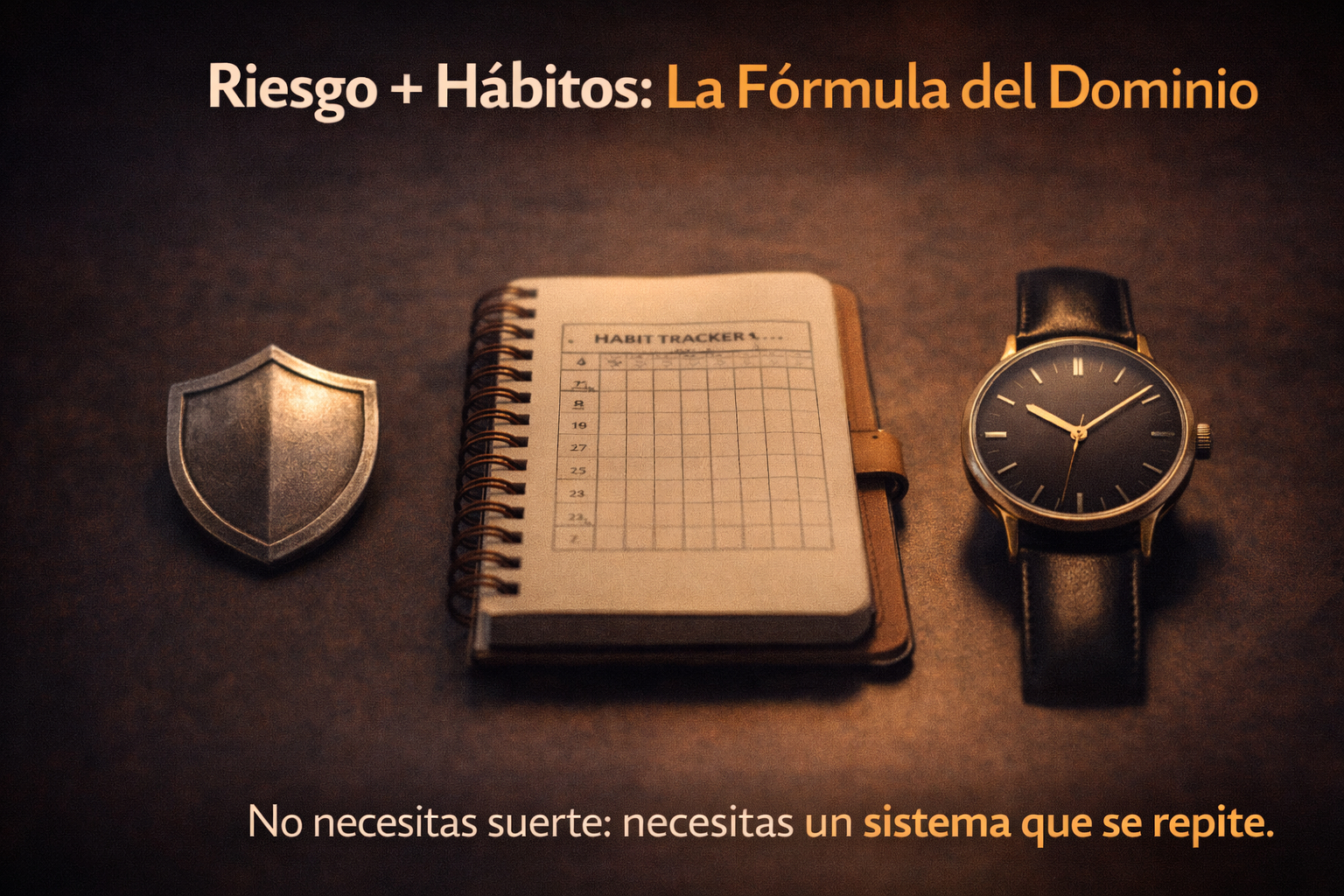 Escudo, libreta y reloj simbolizando control del riesgo y hábitos financieros constantes.