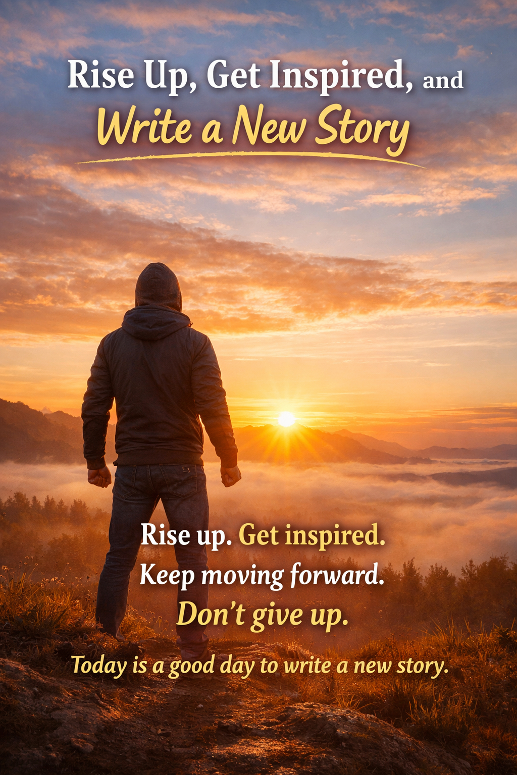 Person standing on a hill at sunrise, facing the horizon with strength, hope, and determination