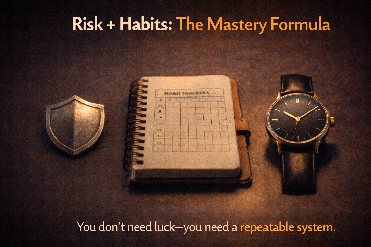 Shield, notebook, and watch symbolizing risk control and consistent money habits.