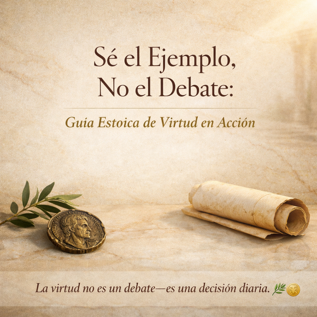 Gráfico cuadrado con cita estoica sobre mármol beige con moneda romana de bronce, rama de olivo y pergamino, con la frase centrada “No pierdas tiempo discutiendo cómo debe ser una buena persona—sé una.”