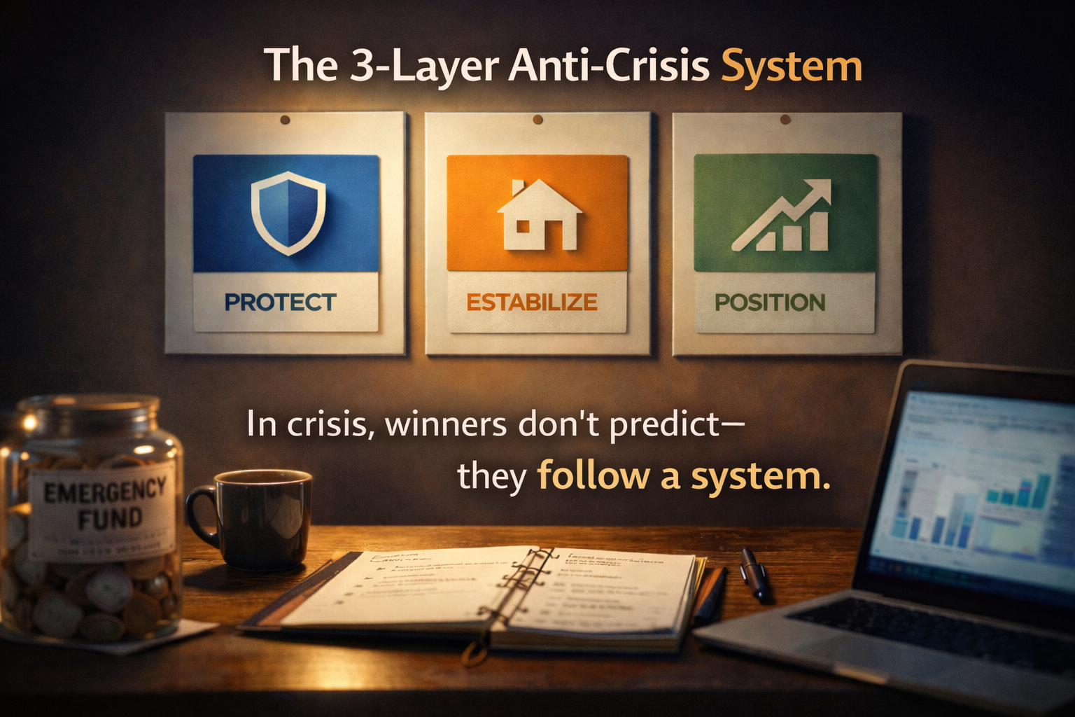 Planning board showing a three-layer structure for protecting, stabilizing, and positioning finances during uncertain times.