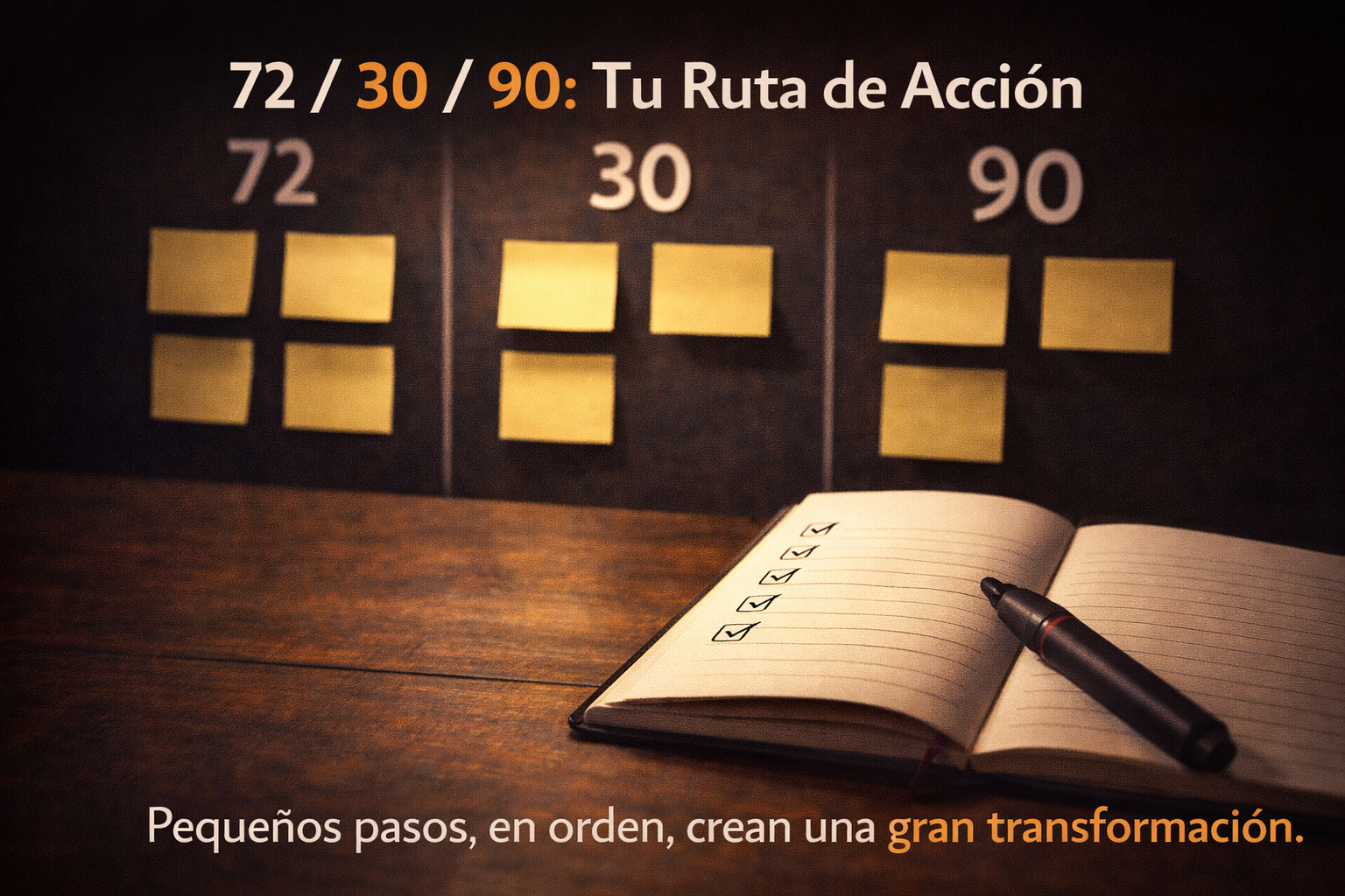 Tablero de planificación con tres fases (72, 30, 90) y checklist para un plan financiero anti-crisis.