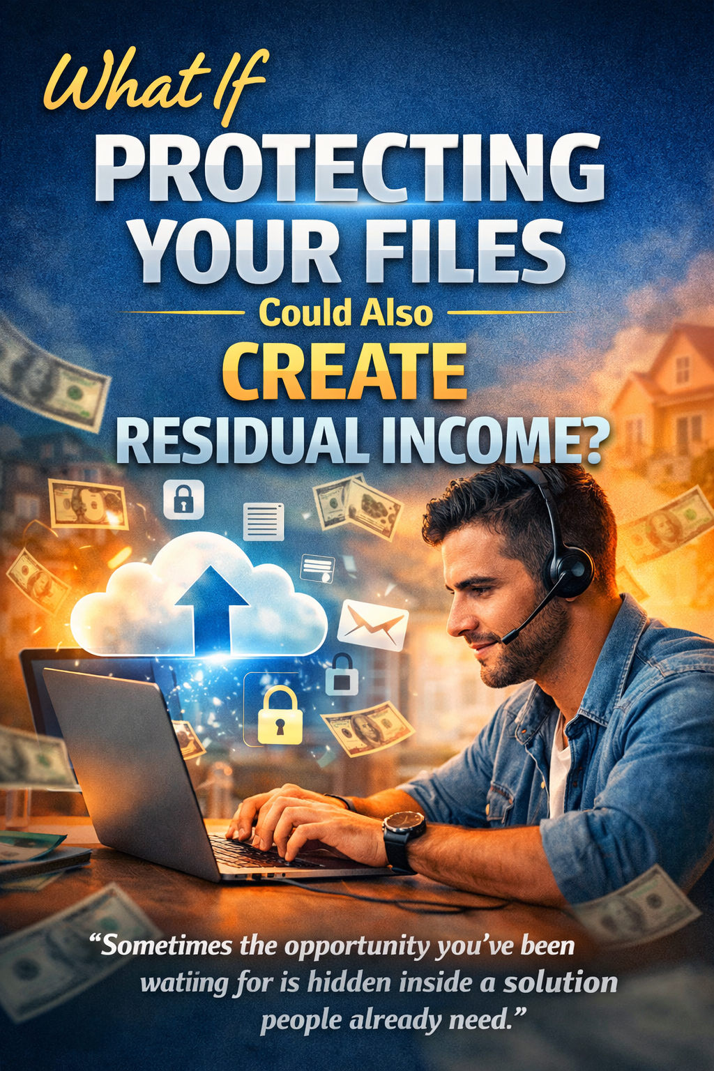 Digital entrepreneur protecting files on a laptop while building recurring income through cloud backup technology