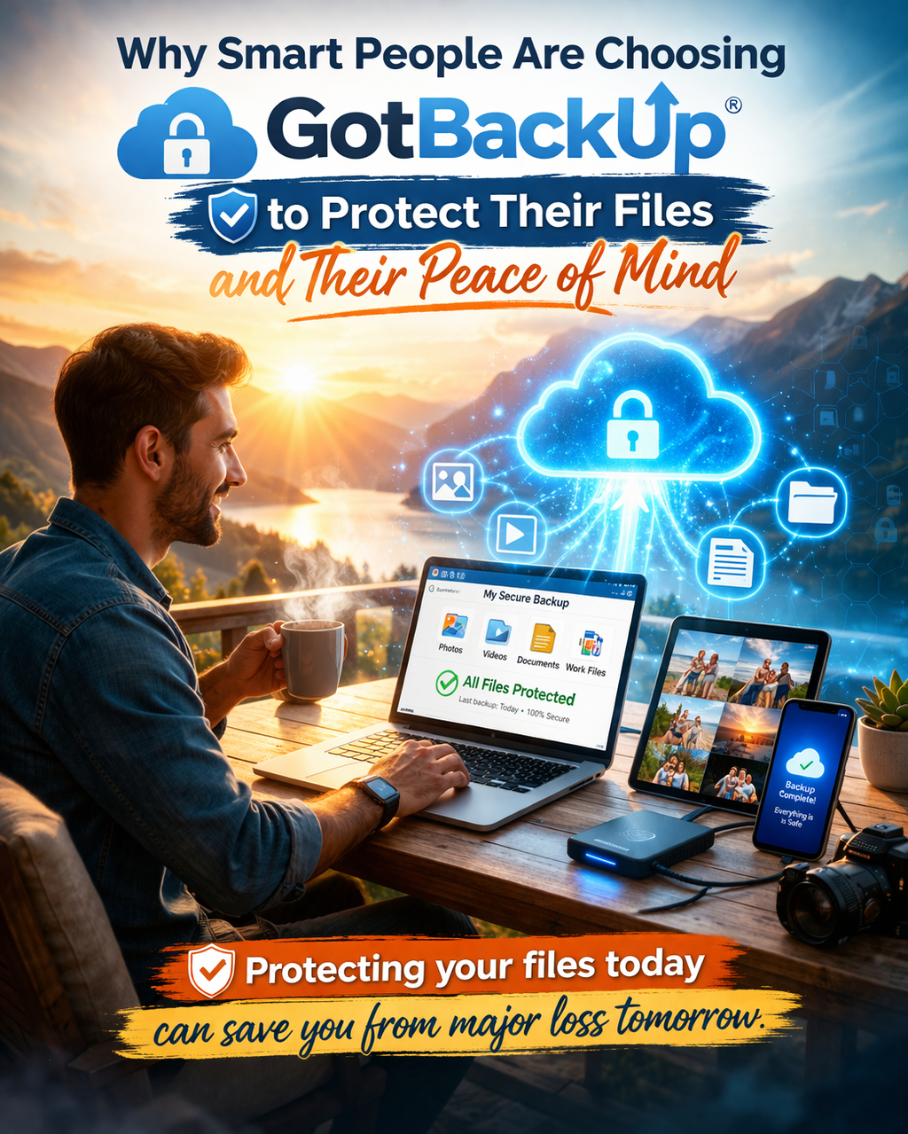 Digital entrepreneur reviewing securely backed-up files in the cloud across multiple devices with confidence and peace of mind