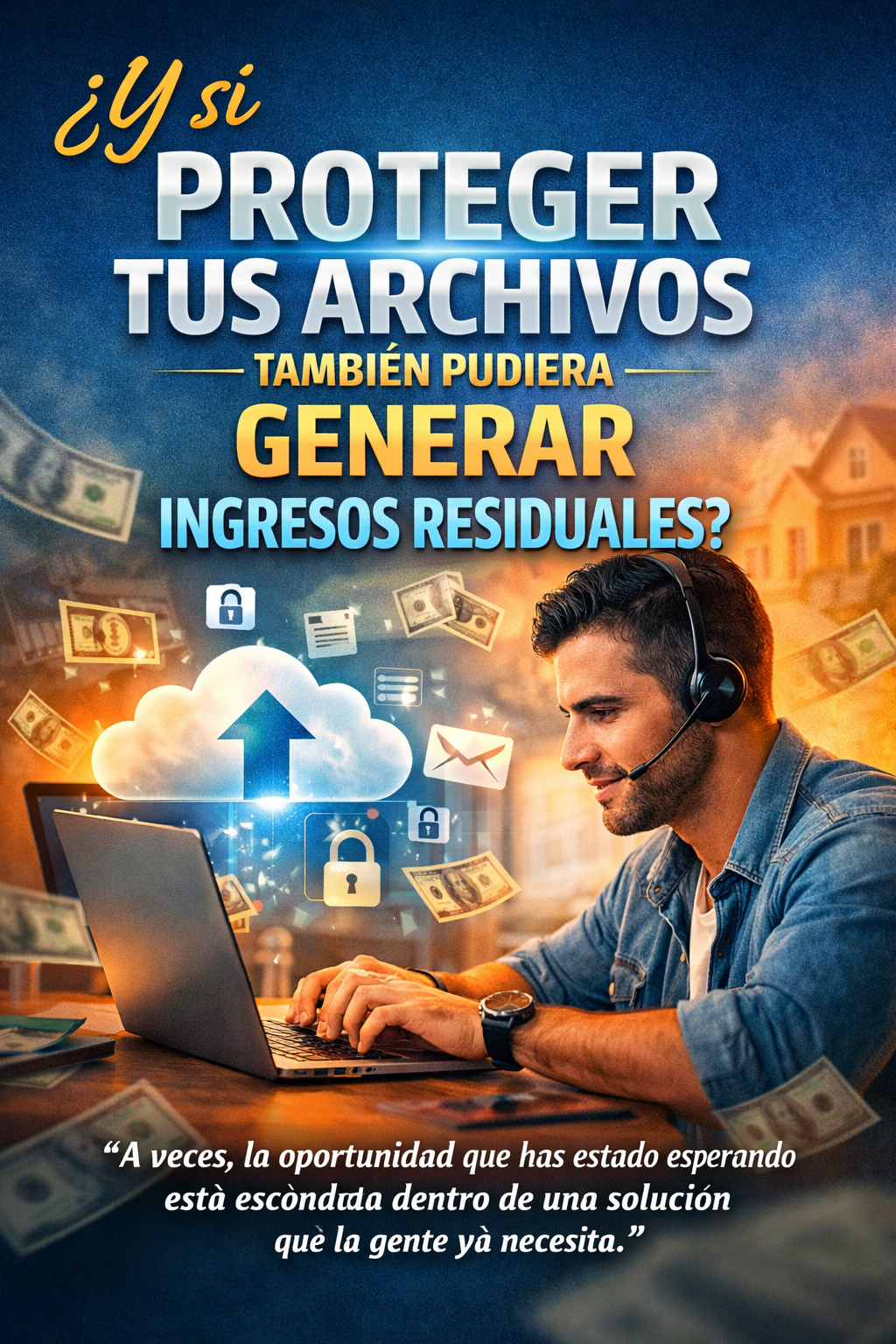 Emprendedor digital protegiendo archivos en una laptop mientras construye ingresos recurrentes con tecnología de respaldo en la nube