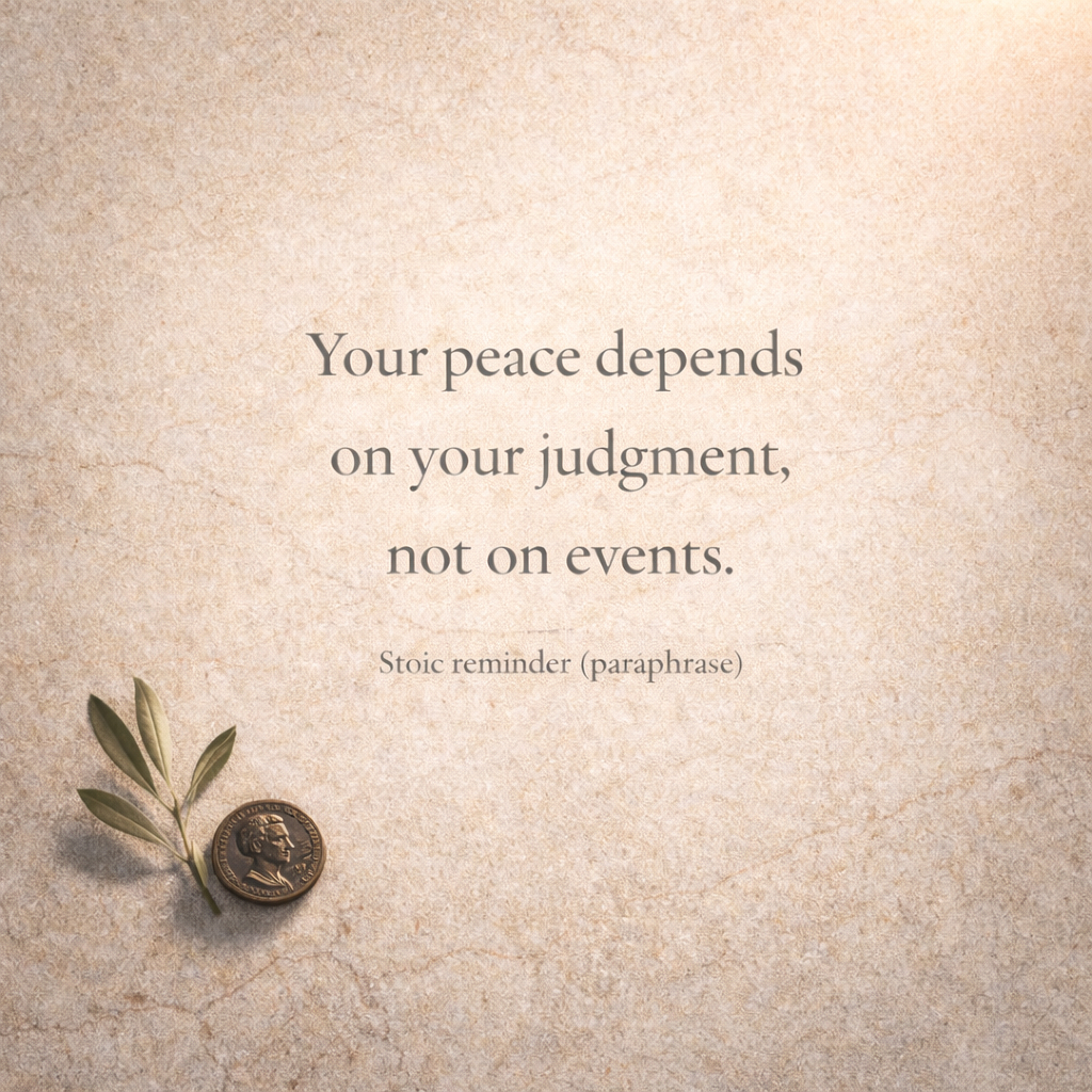 Minimalist square Stoic quote image on beige marble texture with a bronze Roman coin and olive branch in the lower-left, featuring the centered text “Your peace depends on your judgment, not on events.”