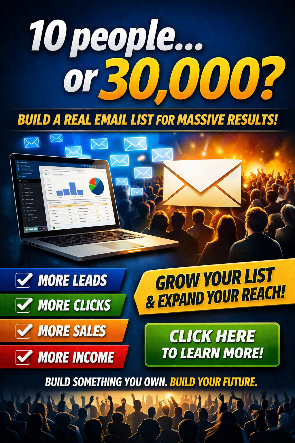 A promotional digital image comparing 10 people versus 30,000 people to highlight the value of building a large email list for online business growth.