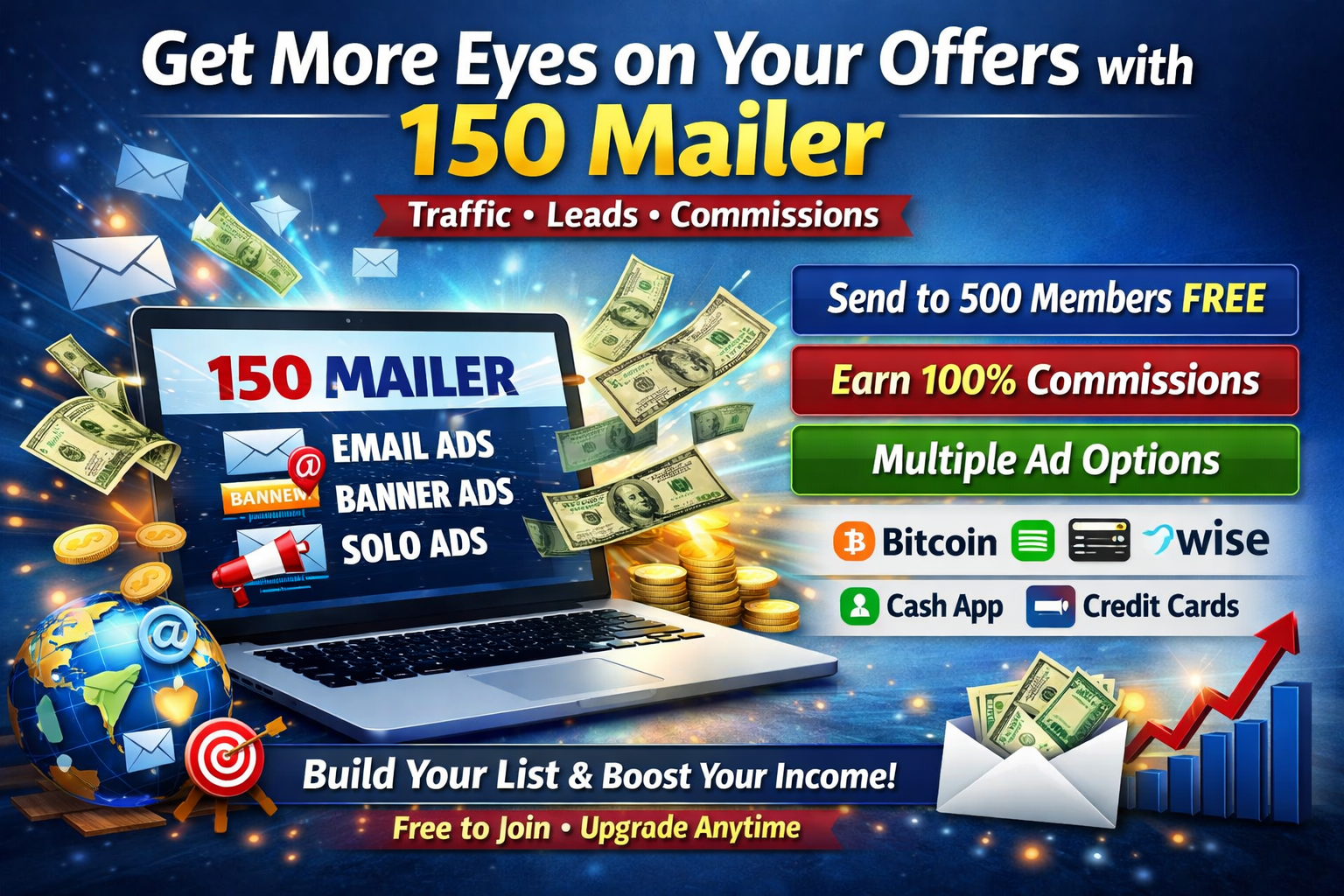 Laptop showing email marketing and advertising tools for traffic generation and affiliate promotions