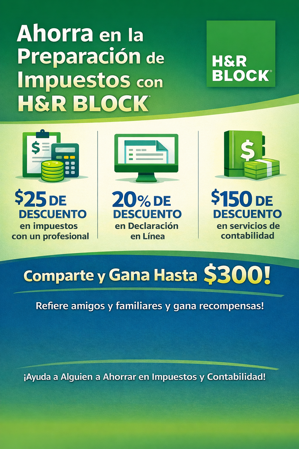 Imagen promocional sobre ahorro en preparación de impuestos y contabilidad con la oferta de referido de H&R Block
