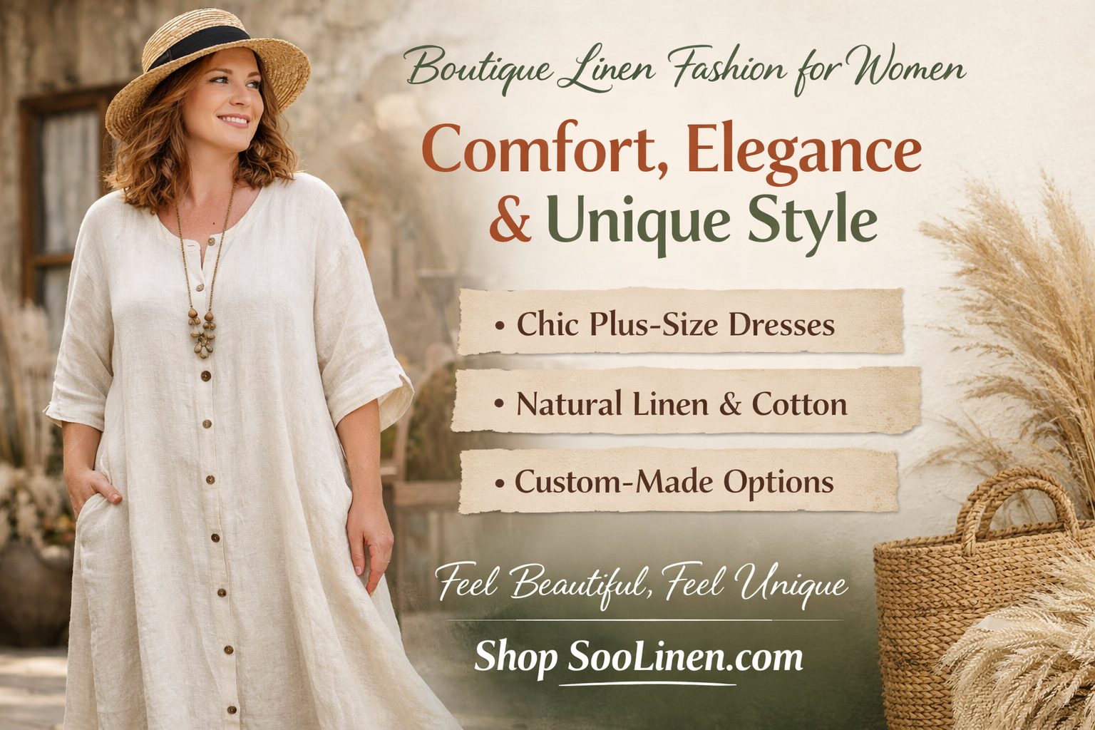 Promotional image for SooLinen featuring a smiling woman in a light linen dress and straw hat, with text highlighting boutique linen fashion, plus-size dresses, natural linen and cotton, and custom-made options.