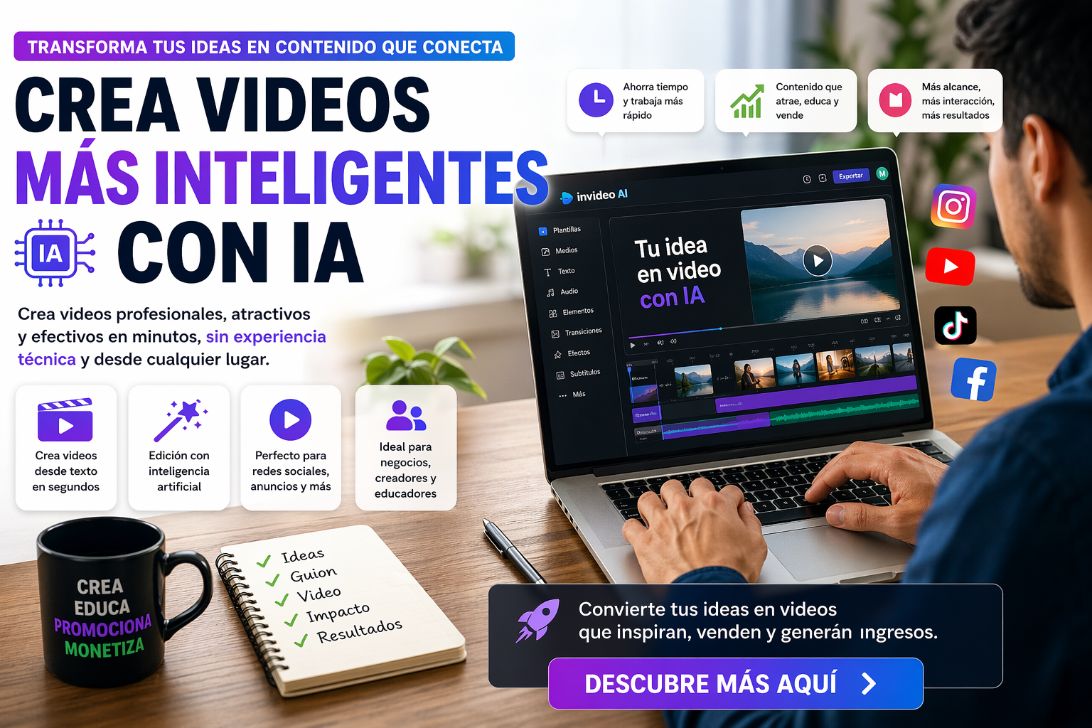 Persona trabajando en una laptop usando una herramienta de video con inteligencia artificial para crear contenido visual, educativo y promocional para su negocio.