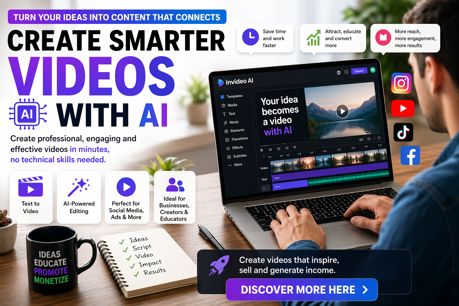 A business owner or content creator working on a laptop using an AI video creation platform to build visual, educational, and promotional content.