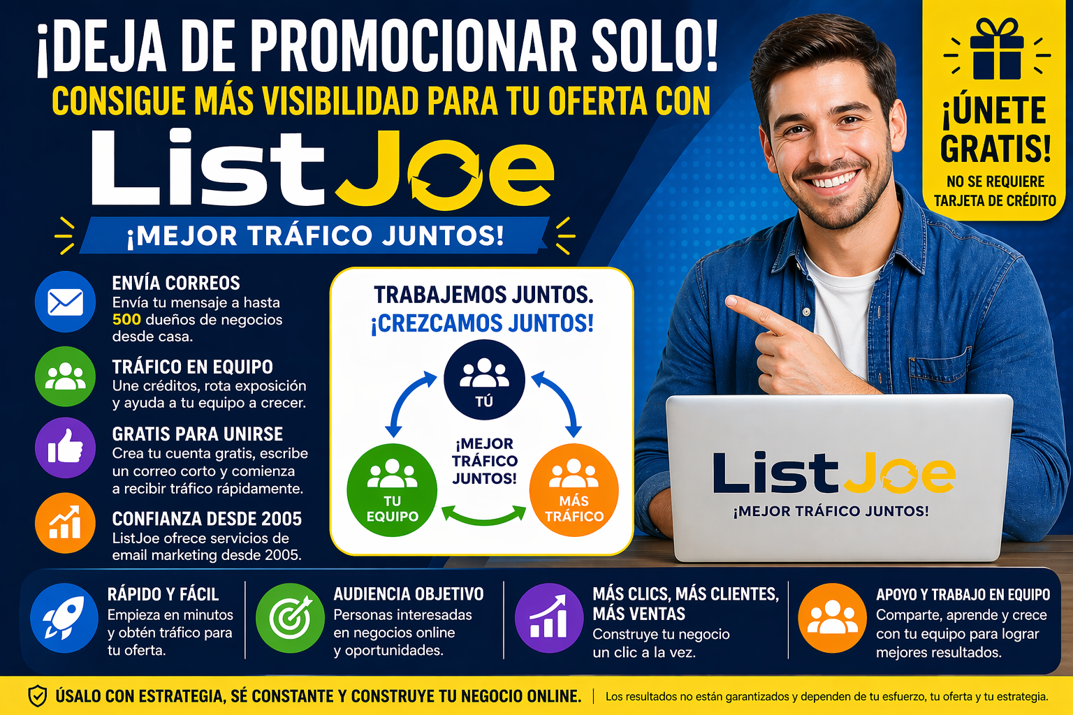 Gráfico promocional de ListJoe con un marketer sonriente usando una laptop, texto destacado que dice “Deja de promocionar solo” y beneficios como tráfico en equipo, promoción por email, registro gratis y más visibilidad para ofertas online.