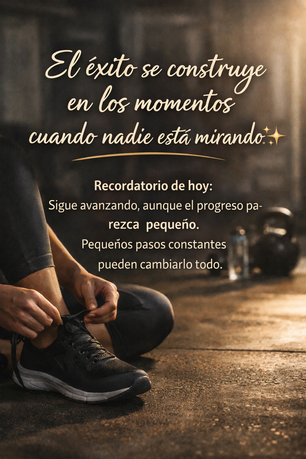 Imagen motivacional de una persona amarrándose el zapato en un gimnasio con la frase “El éxito se construye en los momentos cuando nadie está mirando” y un recordatorio sobre el valor del progreso constante.