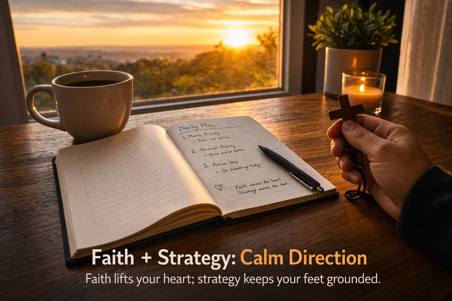 Open notebook with sunrise and a faith symbol representing hope with action and strategy.