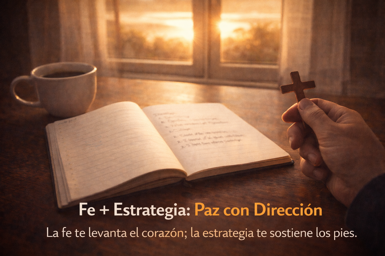 Libreta de planificación con amanecer y símbolo de fe, representando esperanza con acción y estrategia.