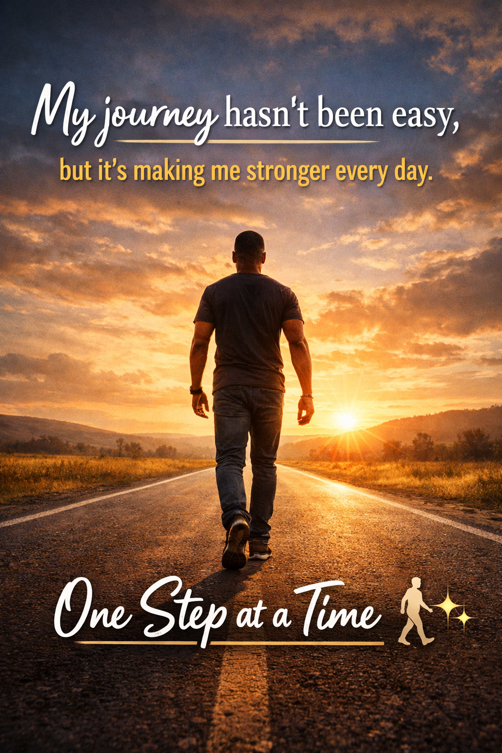 A determined man walking forward on a long road at sunrise, symbolizing growth, perseverance, and taking life one step at a time.