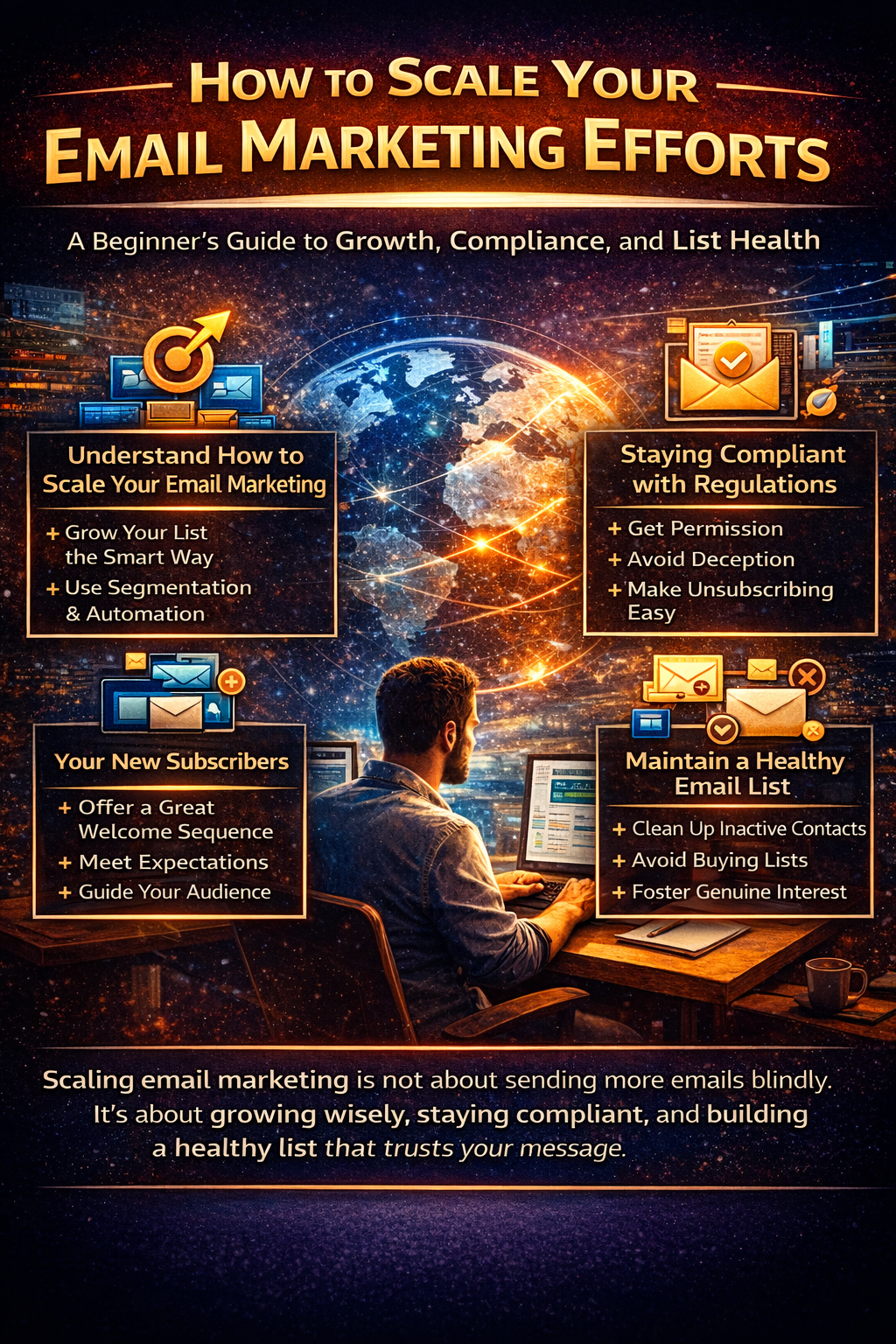 A professional email marketing scene showing a marketer analyzing subscriber growth, campaign performance, email compliance, and list health on a digital dashboard.