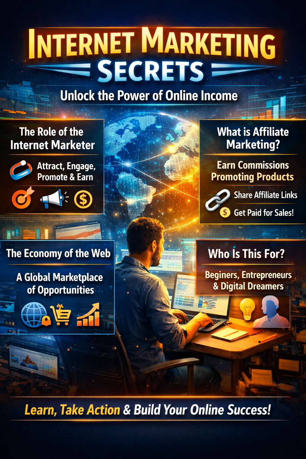 A professional digital marketing scene showing a person working online with charts, affiliate links, and global internet business connections.