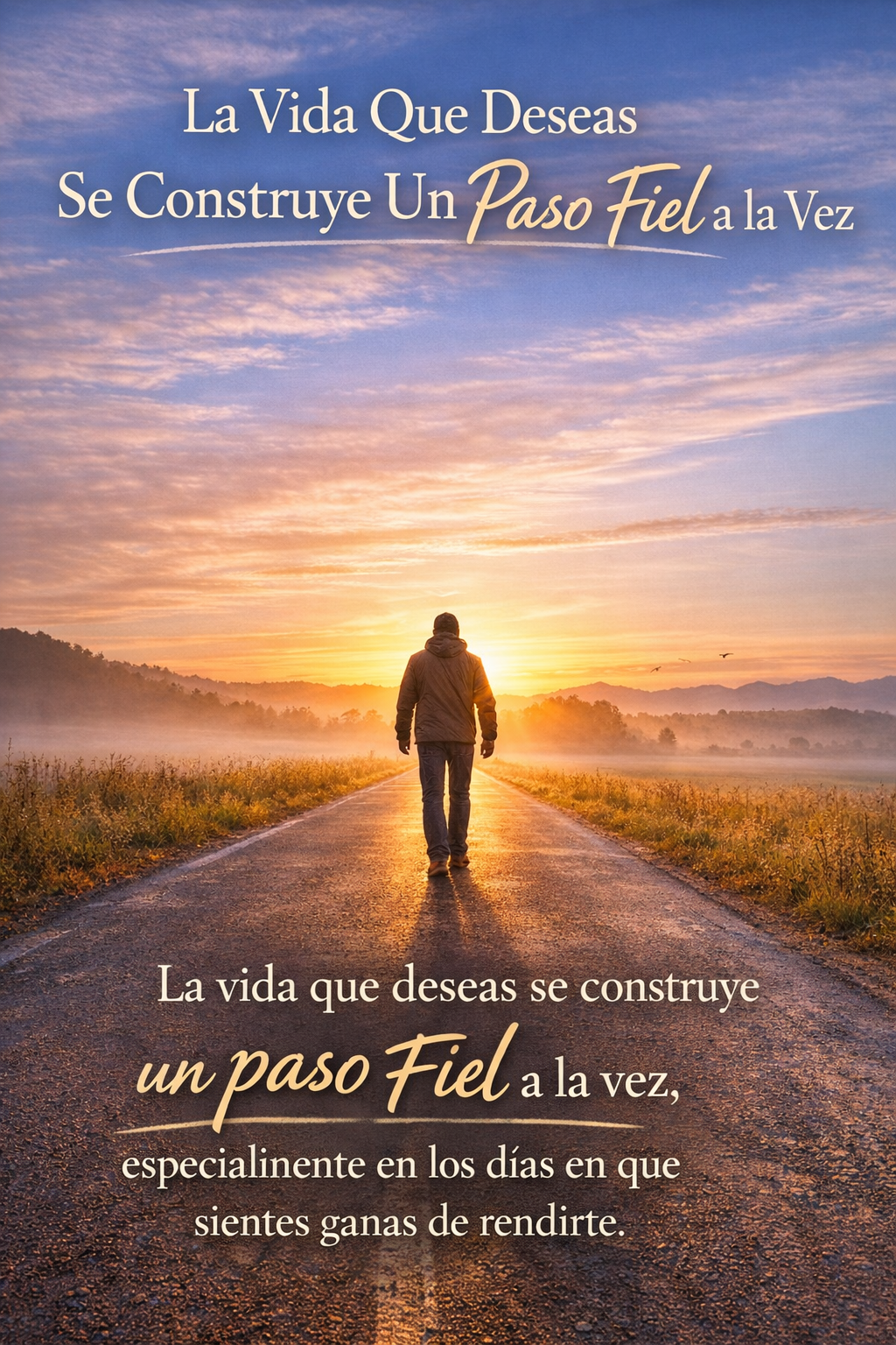 Una persona caminando hacia adelante por un camino tranquilo al amanecer, simbolizando perseverancia, fe y la construcción de una mejor vida paso a paso.