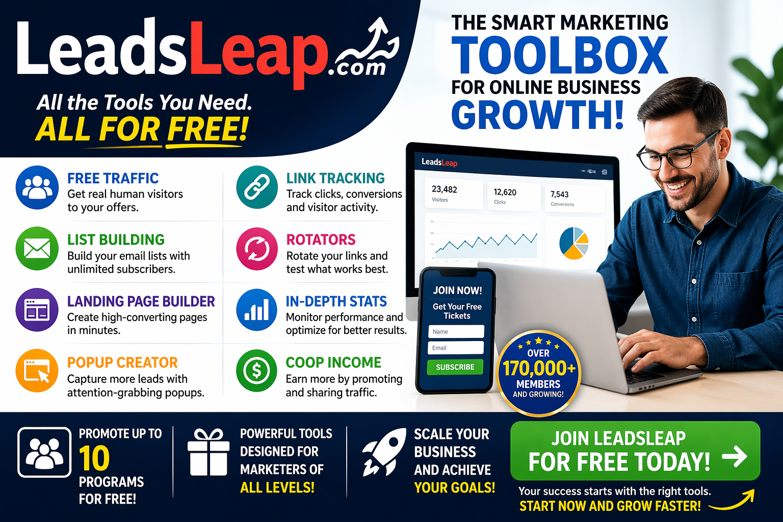 Professional digital marketer using LeadsLeap tools to build lists, track traffic, create funnels, and grow an online business.