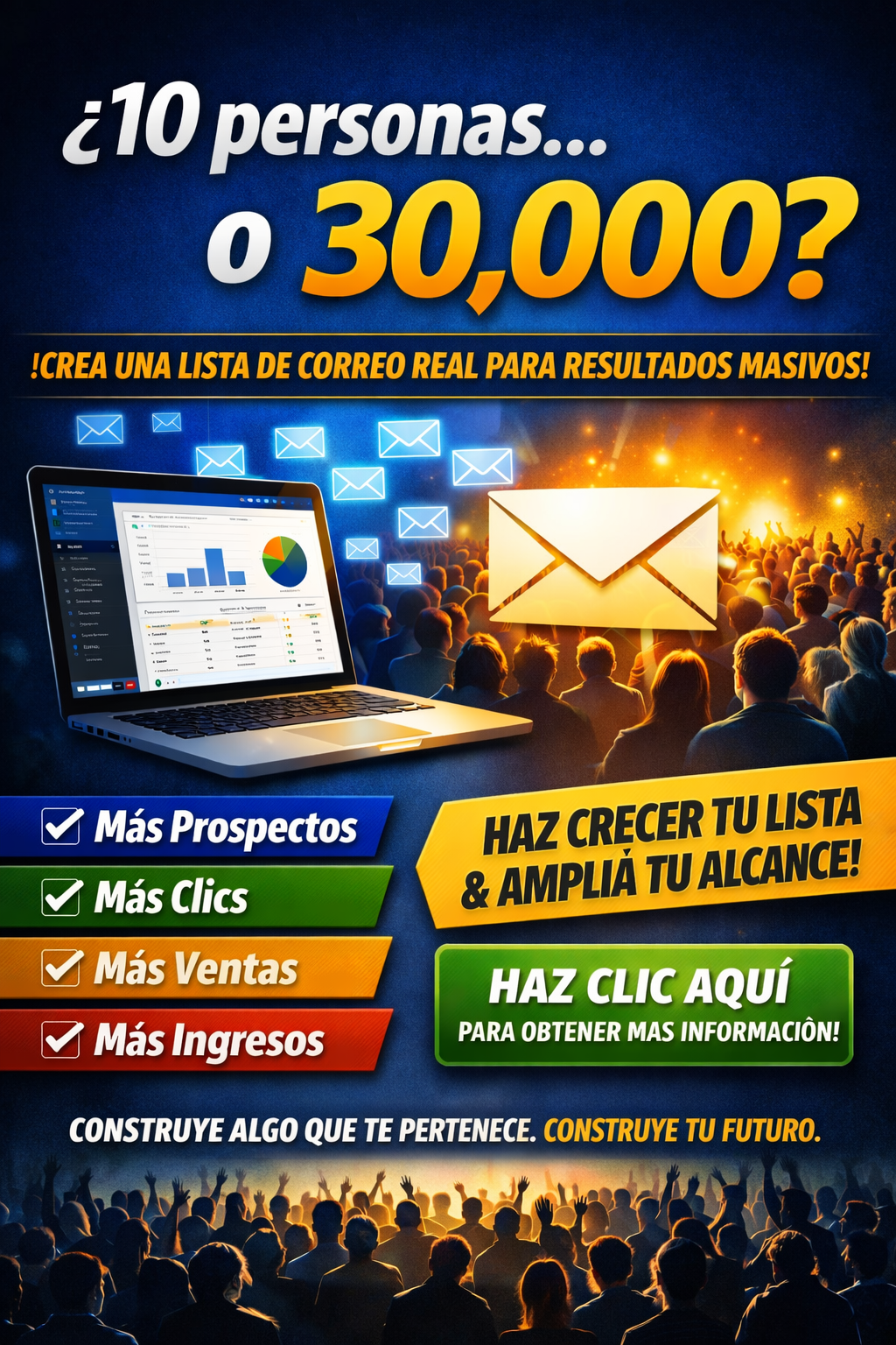 Imagen promocional digital que compara 10 personas frente a 30,000 para destacar el valor de construir una lista de correo grande para el crecimiento de un negocio online.