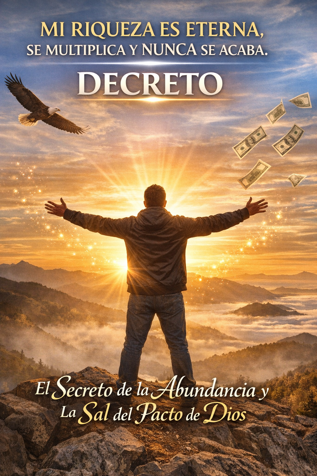 Una persona de pie con los brazos abiertos al amanecer, simbolizando fe, abundancia, autoridad espiritual y libertad financiera.
