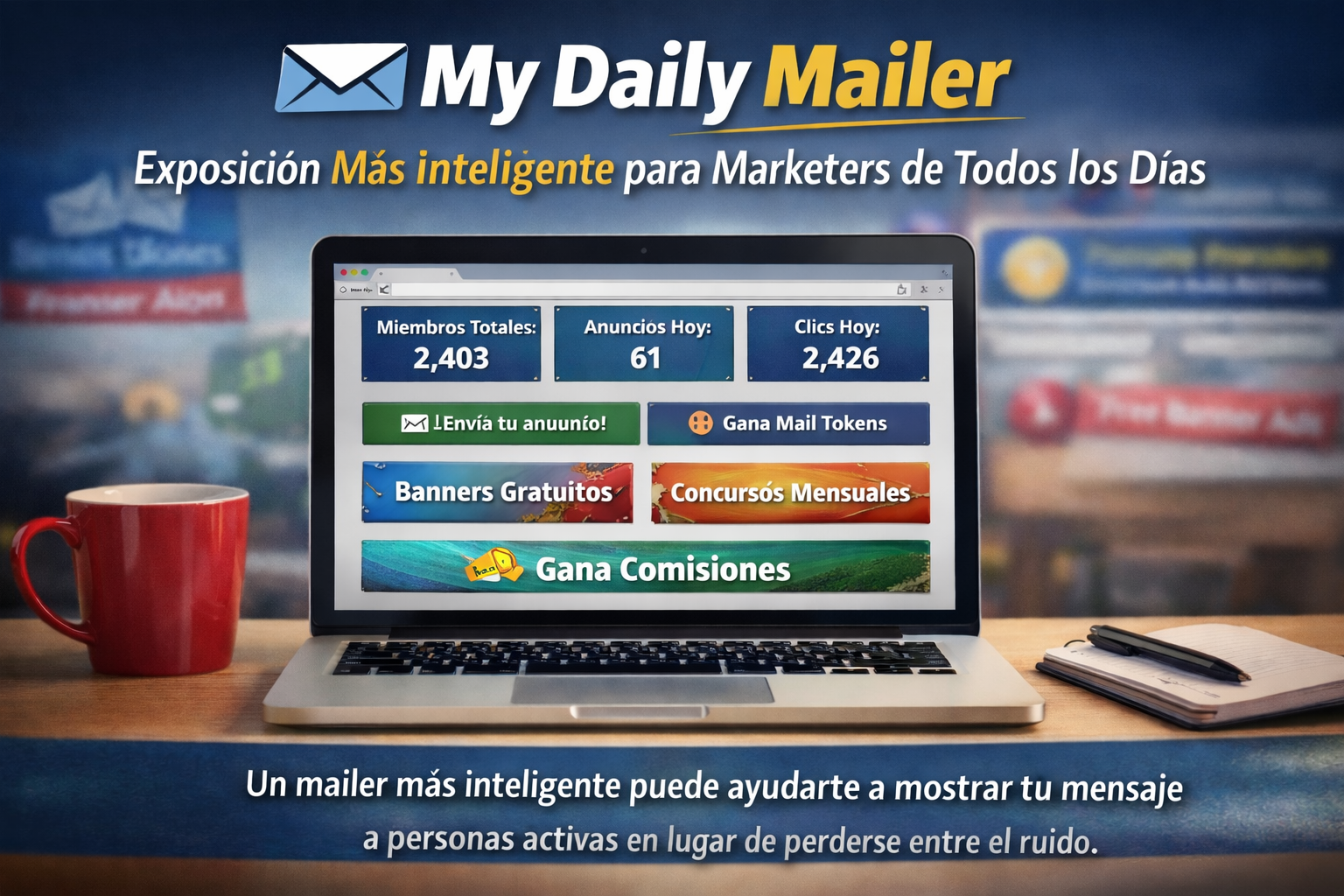 Pantalla de computadora mostrando una plataforma de email marketing diseñada para emprendedores, freelancers y personas que trabajan desde casa.