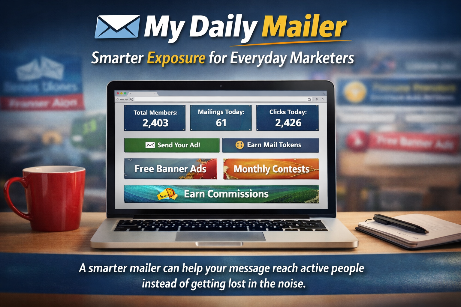 Laptop screen showing an email marketing platform designed for entrepreneurs, freelancers, and home-based marketers.