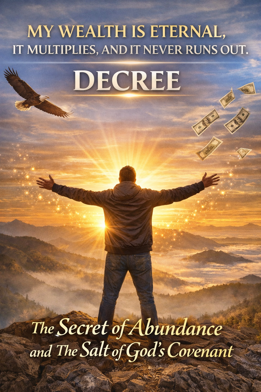 A person standing on a mountain at sunrise with arms open wide, symbolizing faith, victory, abundance, and financial breakthrough.