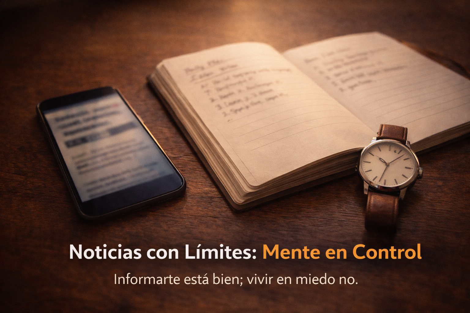 Teléfono boca abajo junto a libreta y reloj simbolizando consumo de noticias con límites y enfoque.