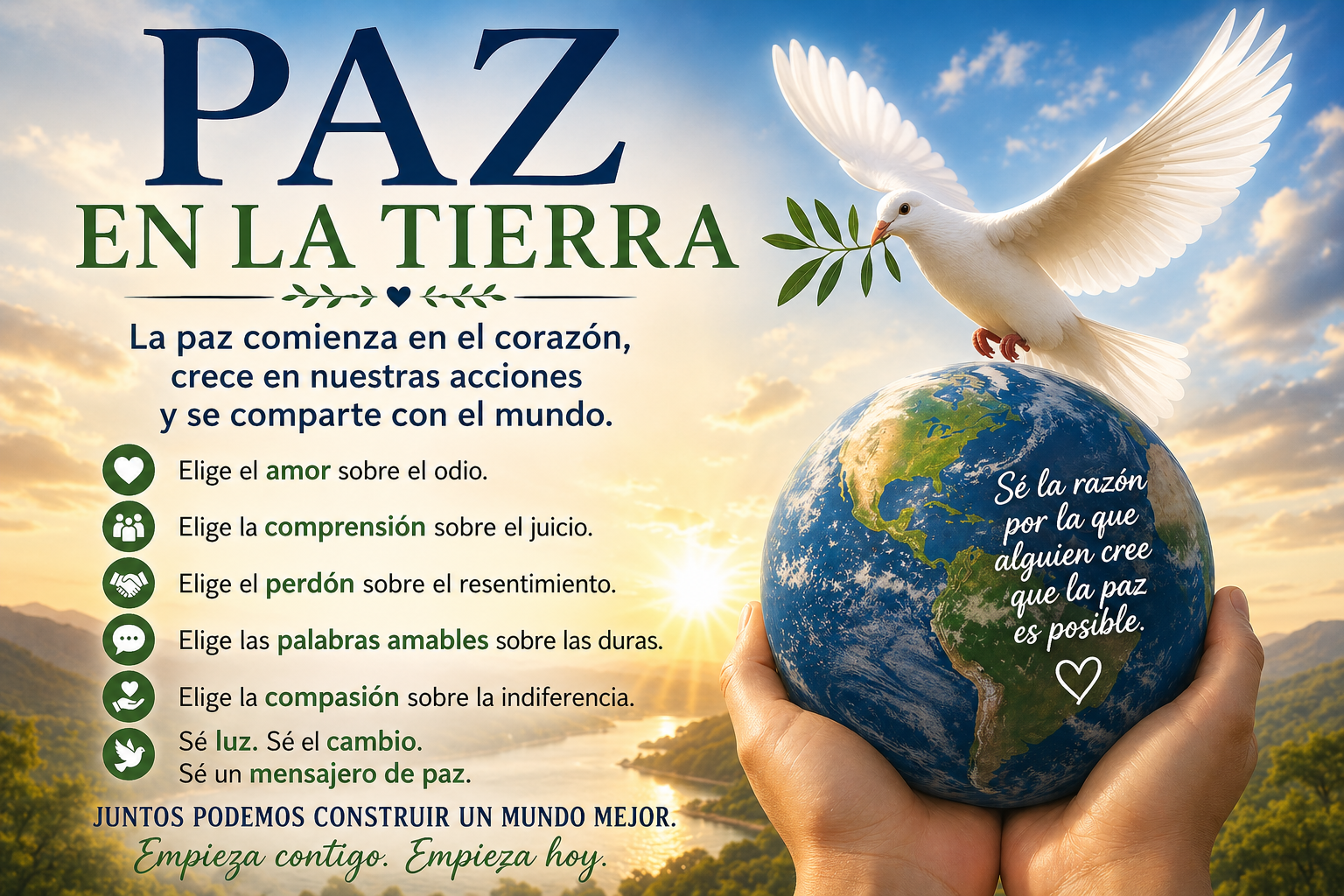 Imagen inspiradora con una paloma blanca llevando una rama de olivo sobre la Tierra, simbolizando paz, esperanza, perdón, compasión y unidad entre la humanidad.