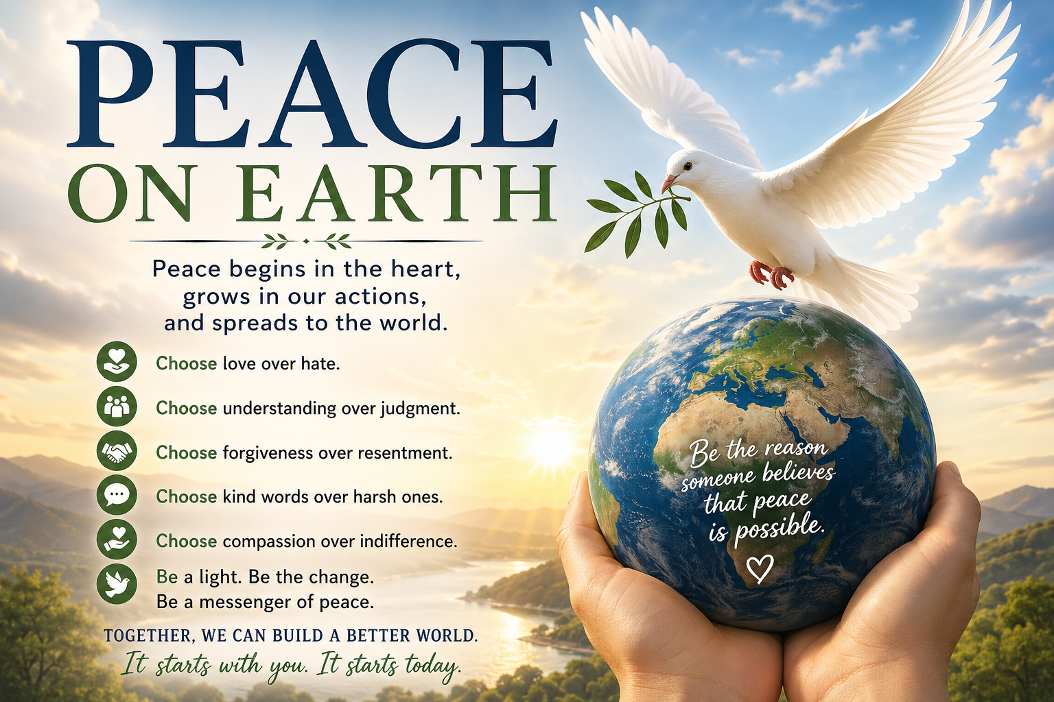 Inspirational image with a white dove carrying an olive branch above the Earth, symbolizing peace, hope, forgiveness, compassion, and unity among humanity.