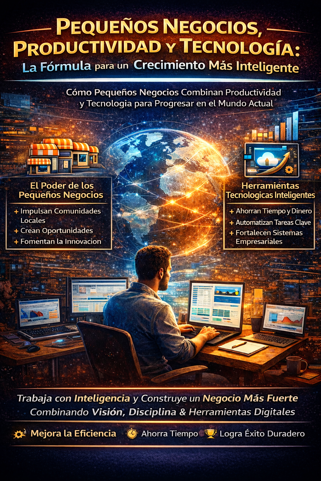Una imagen profesional de negocios digitales mostrando a un dueño de pequeño negocio usando tecnología, sistemas de productividad y herramientas de datos para construir un crecimiento más inteligente y éxito duradero.