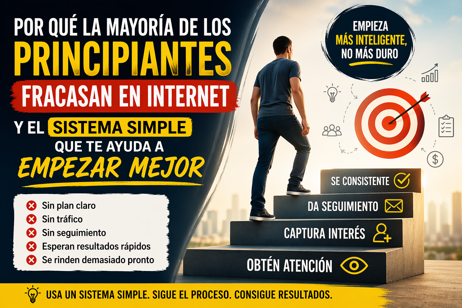 Imagen promocional en español para un artículo de marketing digital que muestra por qué muchos principiantes fracasan en internet y presenta un sistema simple para empezar mejor, con elementos visuales de crecimiento, enfoque, consistencia y resultados.